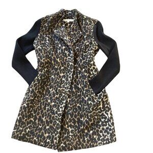 Kenneth Cole NY Plush Leopard Print Wool Coat/Black Ribbed Knit Sleeves S #32S